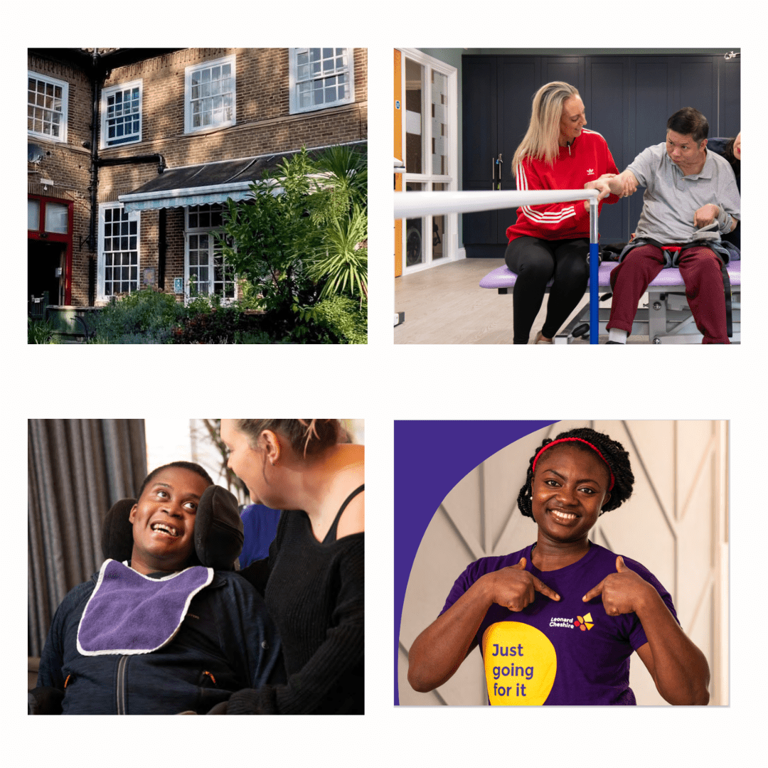 4 aligned pictures of an exterior of one of the care homes and staff and residents