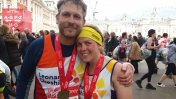 Lindsay Henry and Kenneth Rochford wearing medals after finishing the London Marathon