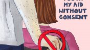 The back of a woman in a wheelchair with a man's arm holding the wheelchair with text " Do not touch my aid without consent"