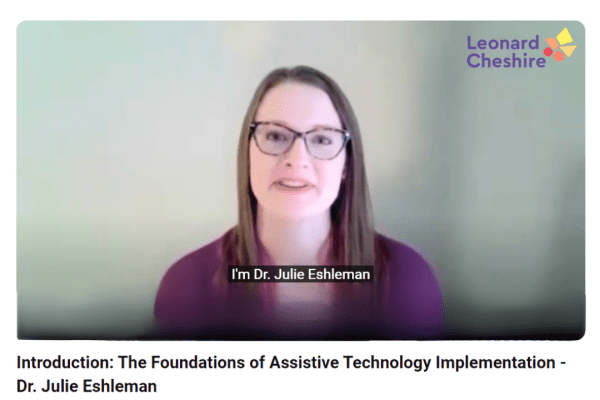 A screengrab of Julie in the video a dark haired Caucasian female with glasses along with the Leonard Cheshire logo