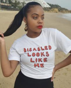Caprice in her "disabled looks like me" tshirt