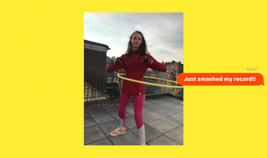 A girl hula hopping with and orange speech bubble saying "Just smashed my record" next to here